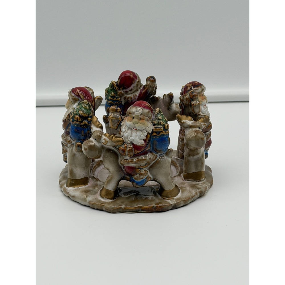 Vintage Ceramic Santa Riding Reindeer Carousel Christmas Candle Holder 40055
